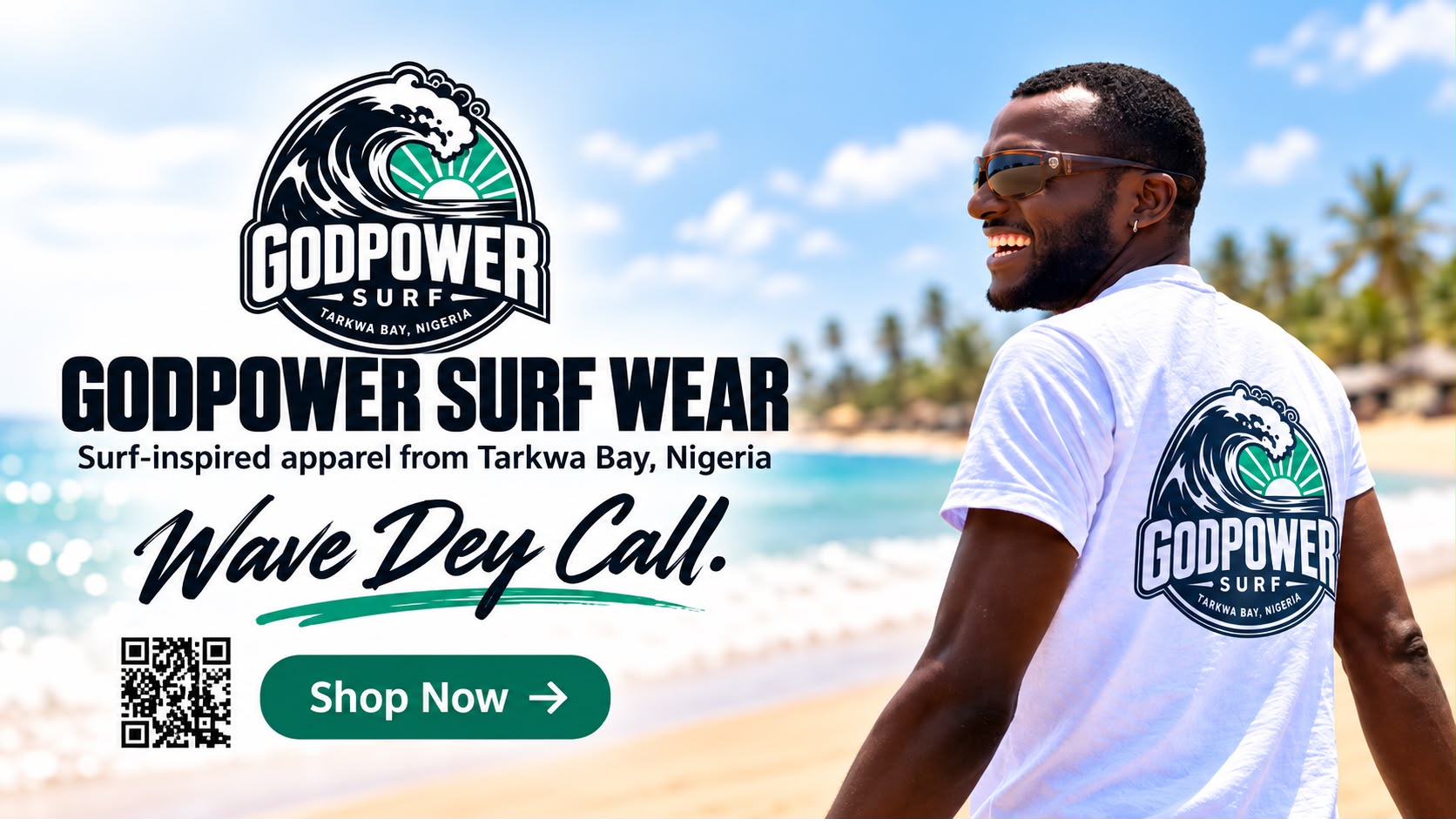 Godpower Surf Wear — surf-inspired apparel from Tarkwa Bay, Nigeria. Wave Dey Call. Shop Now.